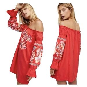 NWT! Free People Red Fleur Du Jour Floral Embroidered Boho Mini Dress Size Small